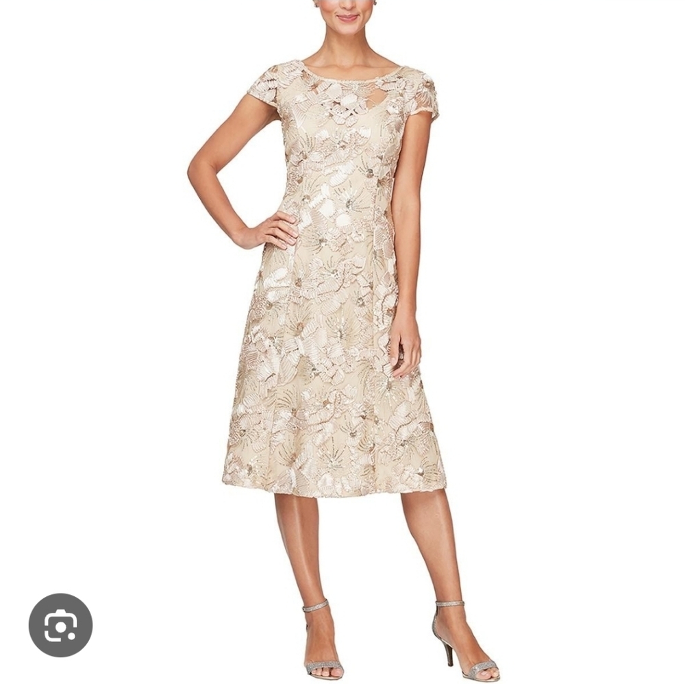 Alex Evenings A-Line Dress with Embroidered Rosette Detail Champagne MOB Size 10